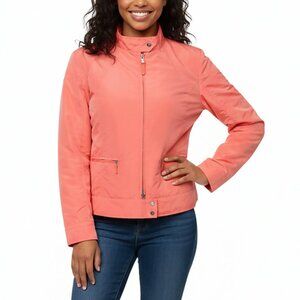 Olsen Coral Peach Spring Moto Jacket Lightweight Full Zip High Neck Classic